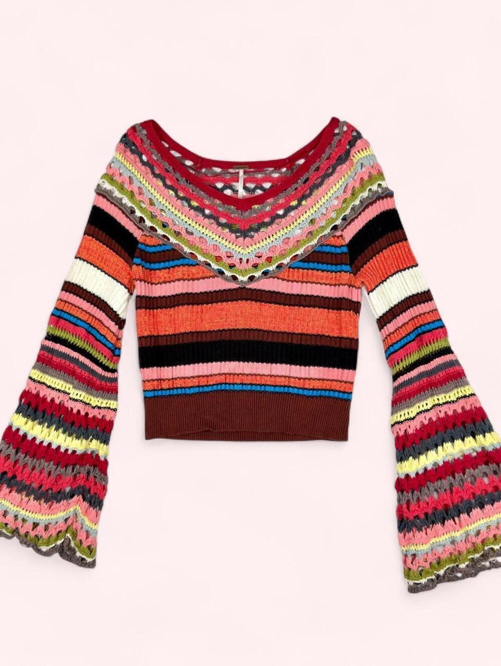 Free People multicolored striped crochet sweater with bell sleeves